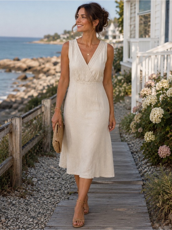 Eddie Bauer Dresses & Skirts - Vintage Eddie Bauer 100% Linen Sleeveless Faux Wrap Midi Dress Cream Size 6